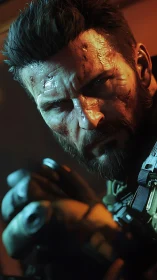 Close-up of armed male operative with facial injuries.