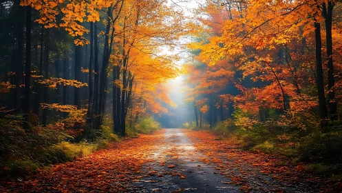 Autumn Forest Road with Deciduous Canopy.