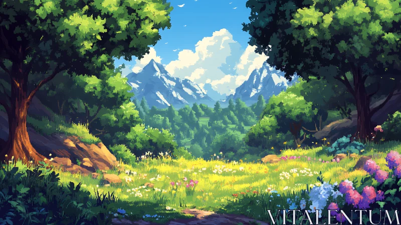 Mountain Valley Landscape with Flowering Meadow and Forest.