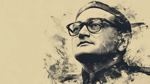 Ink portrait of bespectacled leader with bold brush texture.