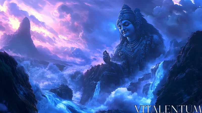 Colossal celestial deity rises above storm-lashed waterfalls