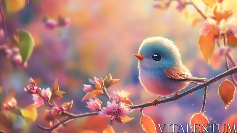Small bird perched on flowering branch in warm light.