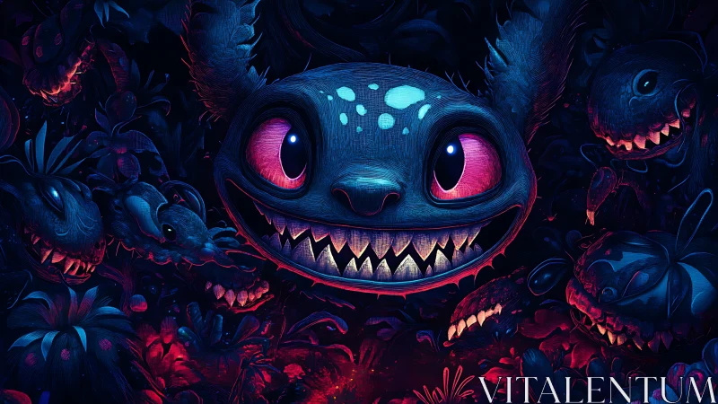 Bioluminescent monster portrait with exaggerated teeth and chromatic rim light
