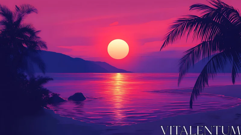 Neon tropical sunset over calm ocean lagoon shore.