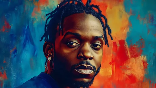 Digital portrait of man with dreadlocks on dual-color background