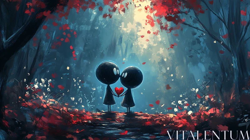 Two figures with spherical heads stand within stylized forest landscape composition.
