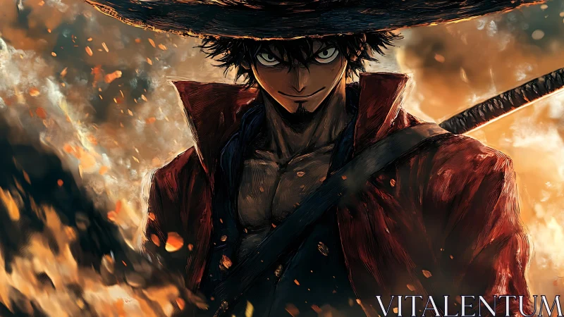 Sword-wielding warrior strides through blazing ember storm.