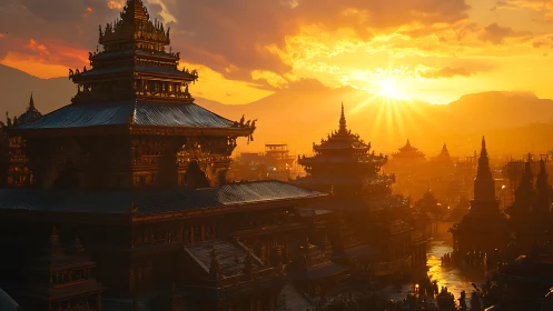 Golden temple city skyline glows under dramatic sunset light