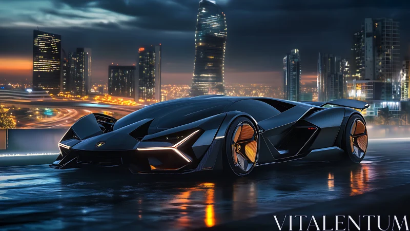 Midnight supercar glides through a glowing futuristic cityscape