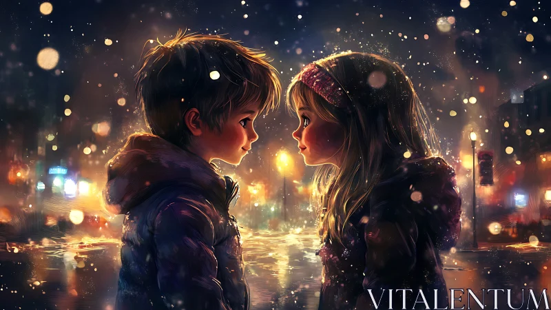 Two Children Meet in Golden Nighttime City Lights