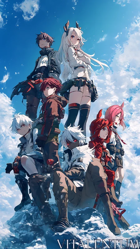 Seven anime adventurers on snowy summit under vivid sky