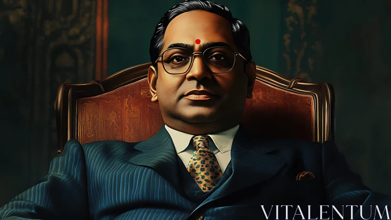 Digitally rendered dignitary in formal chair, frontal composition.