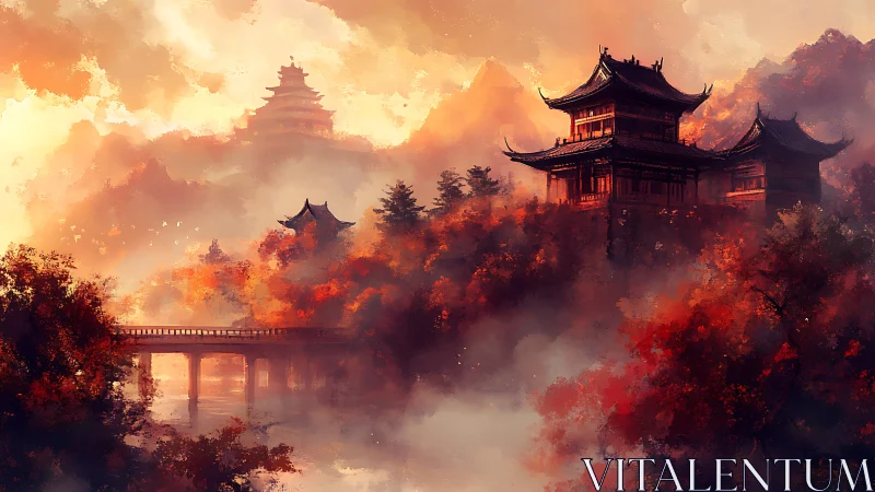 Crimson pagodas sip sunrise from mist-drenched autumn hills