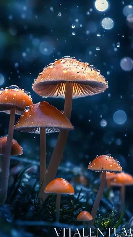 Bioluminescent mushrooms glow under rain in macro nocturnal forest