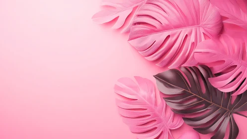Pink tropical leaves softly frame a modern pastel background