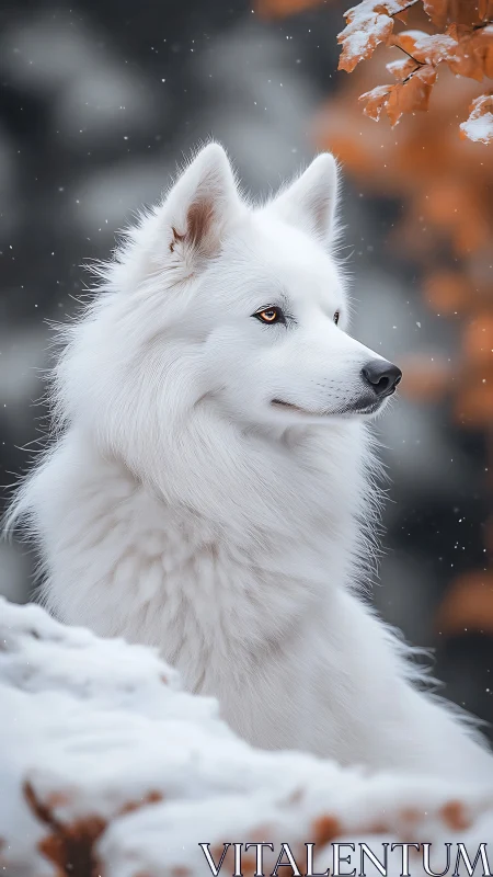 White Arctic dog gazes through softly falling winter snow.