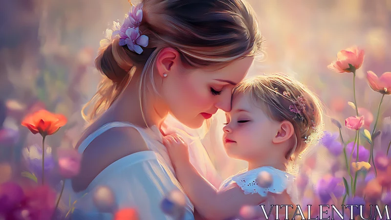 Mother and Child Embraced in Blooming Flower Field