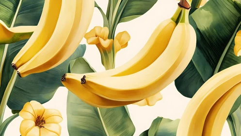 Sunlit banana chorus swaying through lush tropical leaves.