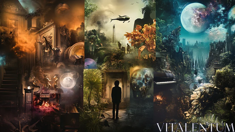 Surreal narrative triptych blending ruins, forests, cosmos.