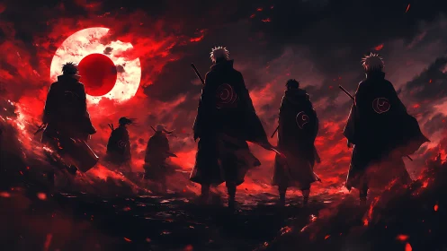 Crimson moon crowns silent warriors crossing burning night