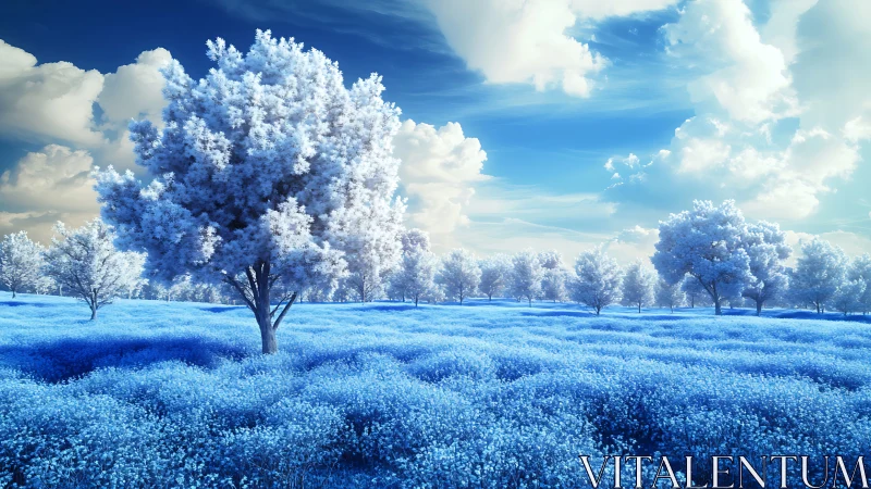 Iridescent blue meadowscape with frost-touched trees under skies.