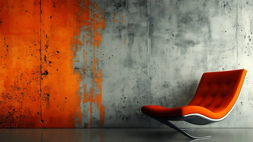 Modern orange lounge chair against distressed concrete wall.