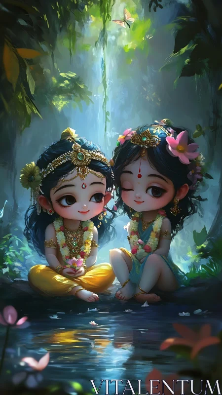 Chibi divine children sit by reflective forest stream in bloom