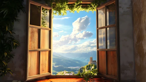 Open wooden balcony window frames sunlit valley and distant castle