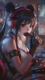 Cyberpunk gamer girl with RGB setup and high-contrast rim lighting