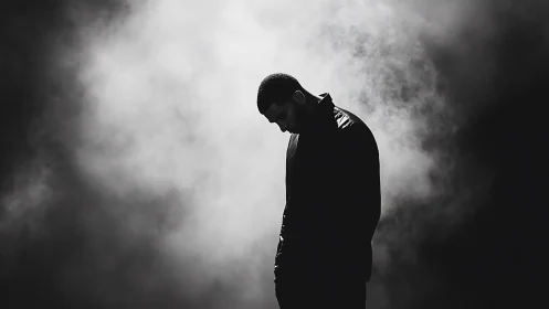 Solitary figure bows in quiet reflection within drifting mist