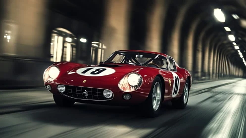 Red vintage race car powers through illuminated tunnel