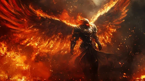 Flaming armored angelic figure stands in dense inferno