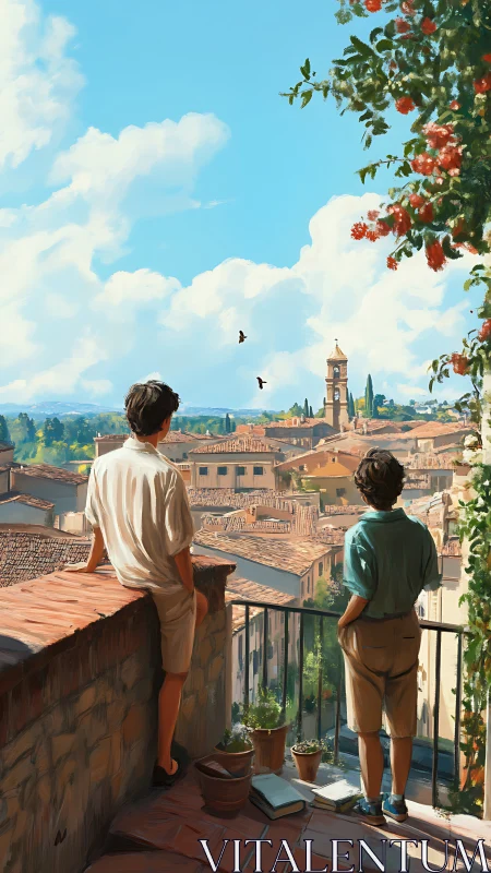 Two friends quietly overlook a sunlit Italian hillside town