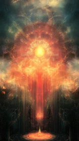 Radiant celestial core above glowing energy portal.