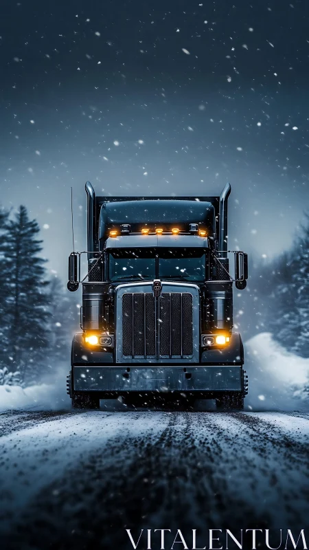 Midnight freight titan roaring through a blizzard veil.