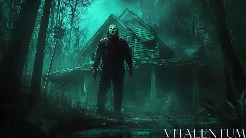 Masked slasher stalks a rotting cabin in toxic teal fog