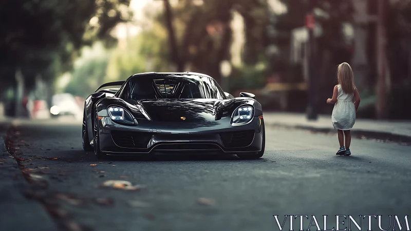 Low-slung supercar confronts solitary child on blurred city street