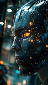 Gentle cybernetic face glowing softly in futuristic night.