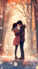 Winter Romance: Couple Embracing in Autumn Forest Glow.