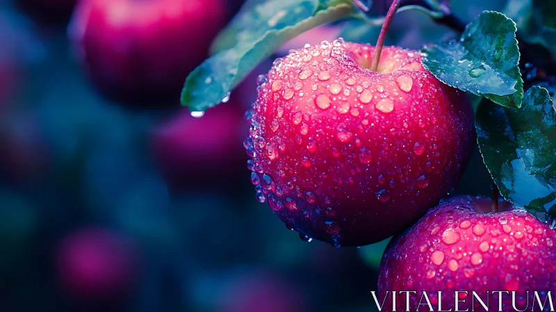 Morning-kissed apples glowing with jeweled raindrops.
