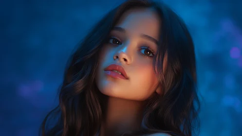 Digital portrait of young woman in soft blue lighting.