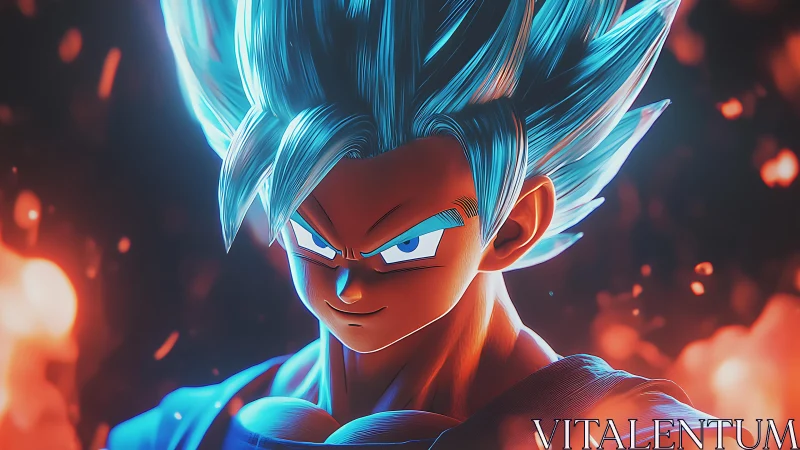 Fiery blue haired warrior locks eyes with glowing resolve