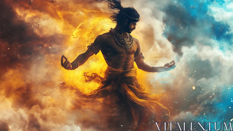 Mythic warrior levitates amid dual elemental fire and mist