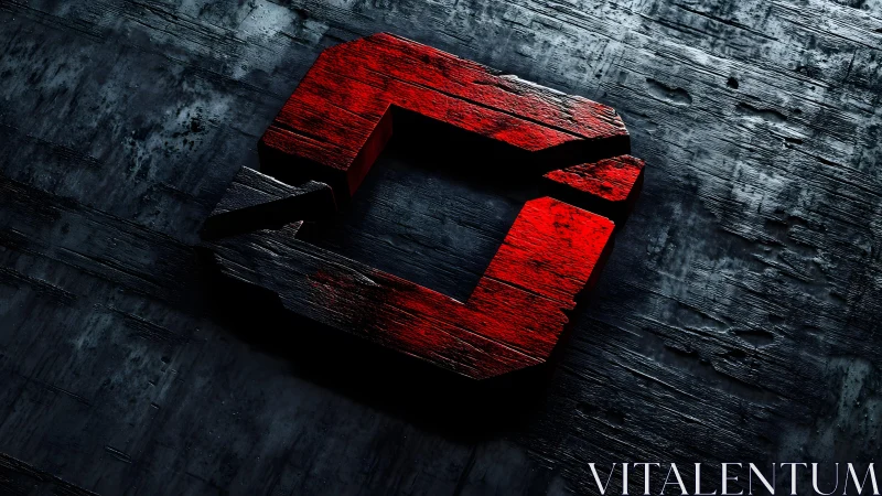 Bold red geometric shape on dark textured wooden background.
