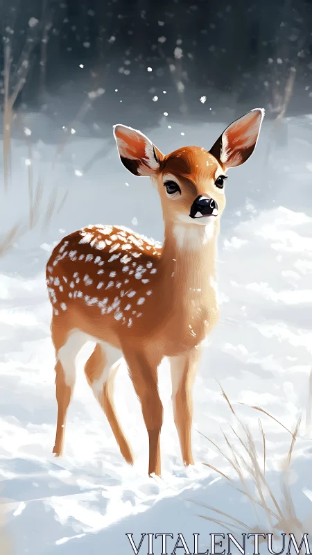 Winter light on young fawn amid softly falling snowflakes.