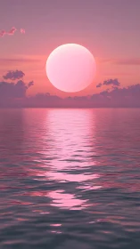 Gentle pink sun drifting over calm, dreamlike ocean.