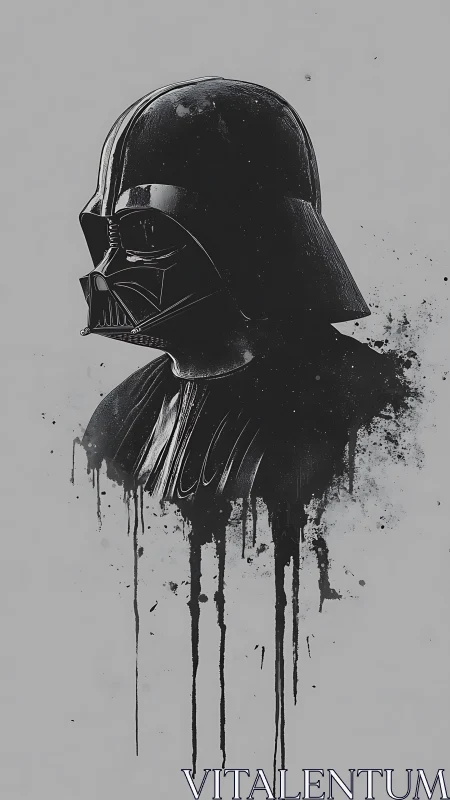 Moody helmet portrait with inky drips and quiet menace.