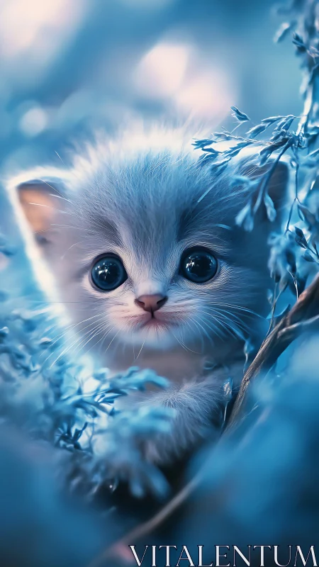 White Feline Portrait with Frost-Encrusted Foliage in Cool Color Grading