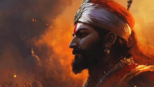 Fiery dusk crowns the warrior king in molten orange resolve