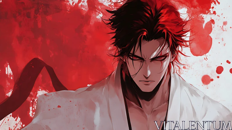 Crimson-eyed warrior in dynamic red ink splash backdrop.